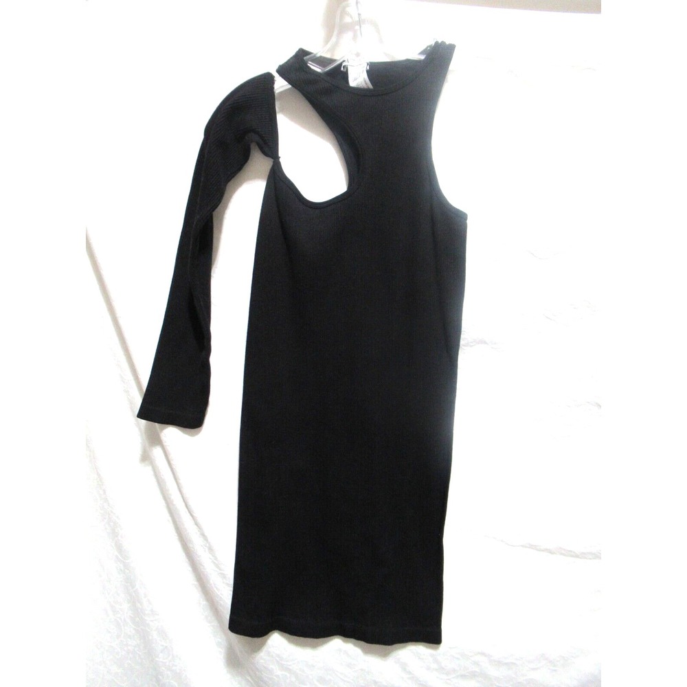Zara Size M-L Black Ribbed One Shoulder Long Sleeve Body Con Dress